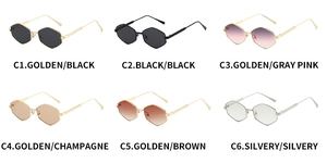 Detailed grid view of polygon metal sunglasses in six assorted colors and stylish finishes