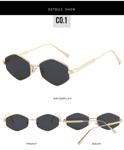 Three-view detail of hexagonal gold metal sunglasses with dark lenses and printed temples