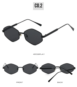 Detailed views of polygon metal sunglasses featuring printed temples and nose pads