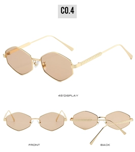 Detailed views of gold hexagonal sunglasses with geometric patterned temples