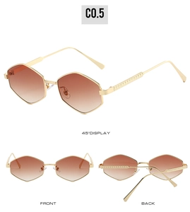 Detailed views of polygon metal sunglasses with textured temples and brown gradient lenses