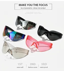 Detailed view of Y2K wraparound oversized rimless sunglasses in five assorted colors