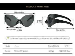 Detailed size chart for oversized Y2K shield sunglasses with TR frame measurements