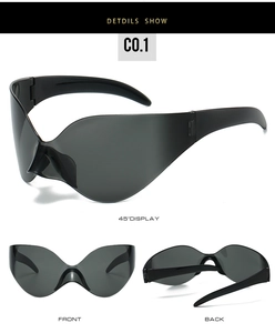 Detail view of oversized Y2K wrap-around sunglasses showing front, back and 45-degree angles