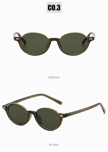 Détails de lunettes de soleil ovales demi-cerclées avec verres verts et logo M doré