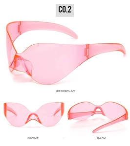 Three-view perspective of oversized pink transparent Y2K rimless sunglasses model C0.2