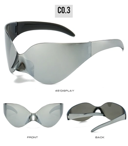 Detailed views of silver mirror Y2K wrap-around sunglasses with futuristic metallic finish