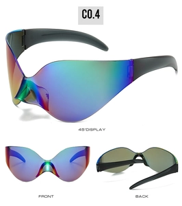 Three-view display of futuristic rimless wrap-around sunglasses with gradient shield lenses