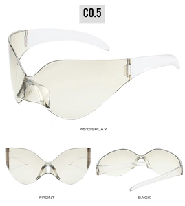 Multiple angle display of futuristic Y2K rimless oversized sunglasses for front and back