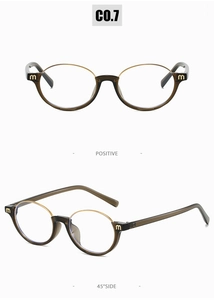 Vue détaillée des lunettes de soleil ovales demi-cerclées avec logo m doré sur les branches