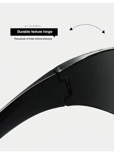 Macro detail of the durable texture hinge on black oversized Y2K cycling sunglasses