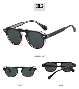 Vues détaillées de lunettes de soleil rondes avec dégradé noir et écaille à rivets