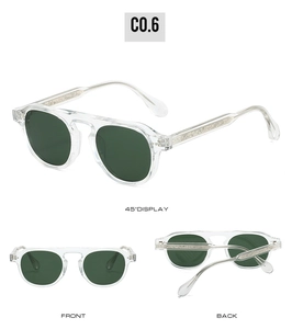 Affichage en trois vues de lunettes de soleil rondes rétro avec monture transparente et noyau