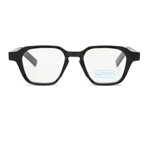 Macro view of thick black PC frames showing blue light protection lens stickers