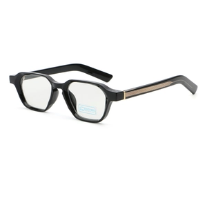 Close-up of black irregular hexagonal glasses frame with anti-blue light lens detail