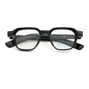 Macro detail of glossy black PC frame hinges and blue light blocking lens sticker