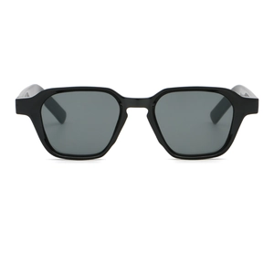 Detail shot of classic black square frame sunglasses with dark grey polarized lenses