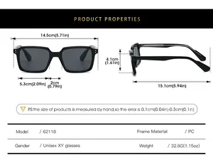 Detailed size chart with measurements for square frame PC sunglasses model 62118