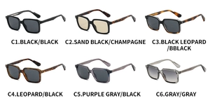 Grid view of stylish square frame sunglasses in six diverse color options and finishes