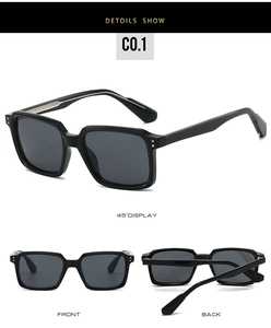 Macro views of black square sunglasses with dark grey lenses and metal rivet details