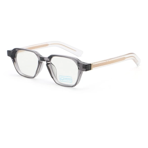 Detail of transparent gray geometric frame with golden woven metal core in temples