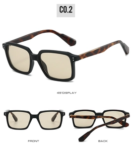 Three views of square sunglasses with black frame, tortoiseshell temples and yellow lenses