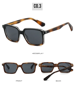 Three views of square tortoiseshell sunglasses with dark gray lenses and metal rivets