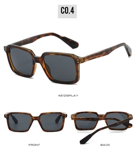 Multi-angle views of square tortoise shell sunglasses with metal rivets and dark lenses