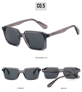 Three-angle views of grey transparent square sunglasses with reinforced temples