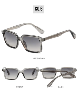 Detailed multi-angle views of square frame sunglasses with translucent grey finish