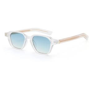 Modern translucent gray sunglasses with blue gradient lenses and champagne gold metal core