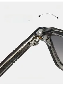 Detail of durable metal hinge on square sunglasses with clear gray acetate frame