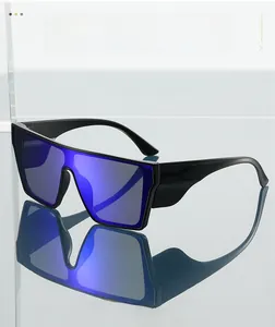 Detail of square sports sunglasses with glossy black frame and blue mirrored lenses