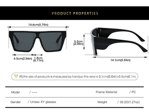 Detailed technical specifications for unisex cycling sunglasses with dimensions and PC material