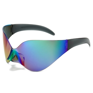 Futuristic oversized Y2K wraparound sunglasses with iridescent rainbow mirror lenses
