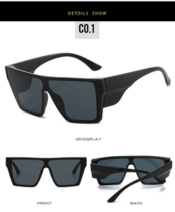 Three-angle view of black oversized square cycling sunglasses with unified lens design