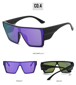 Three-view display of black square sports sunglasses with purple mirrored lenses