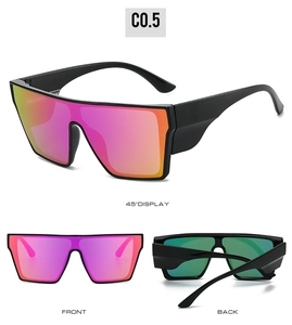 Three-angle view of oversized cycling sunglasses with gradient pink lenses and black frames