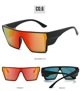 Three-angle view of black sports sunglasses with orange mirrored lenses for cycling