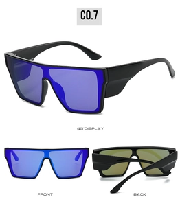 Three-view display of sports cycling sunglasses with blue polarized lenses and black frames