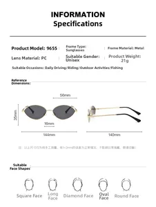 Detailed size chart for vintage metal oval sunglasses with frame measurements and face guide