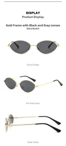 Three-angle view of gold metal oval sunglasses with dark lenses and thin temples