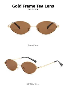 Detail view showing front and side angles of gold metal small oval sunglasses with tea lenses