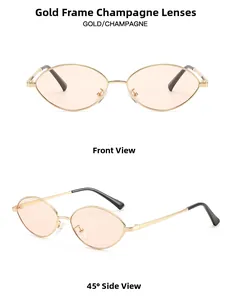 Front and 45-degree side view of oval metal sunglasses in gold with champagne lenses