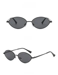 Front and side view of oval metal frame sunglasses with dark grey lenses in black