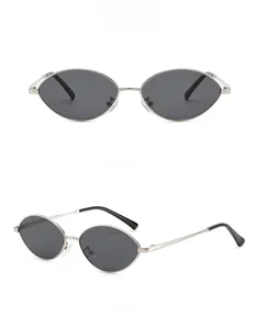 Detailed front and 45-degree side view of gunmetal oval sunglasses with dark gray lenses
