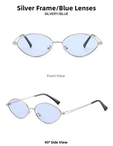 Detail view of oval silver metal frame sunglasses with blue lenses and black ear tips