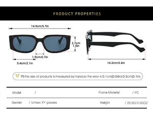 Detailed size chart of rectangular sunglasses showing frame dimensions and PC material specs
