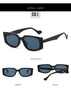 Three views of black square chunky sunglasses with grey-blue lenses on white background