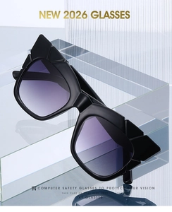 Detail of square cat-eye sunglasses with thick temples and purple gradient lenses